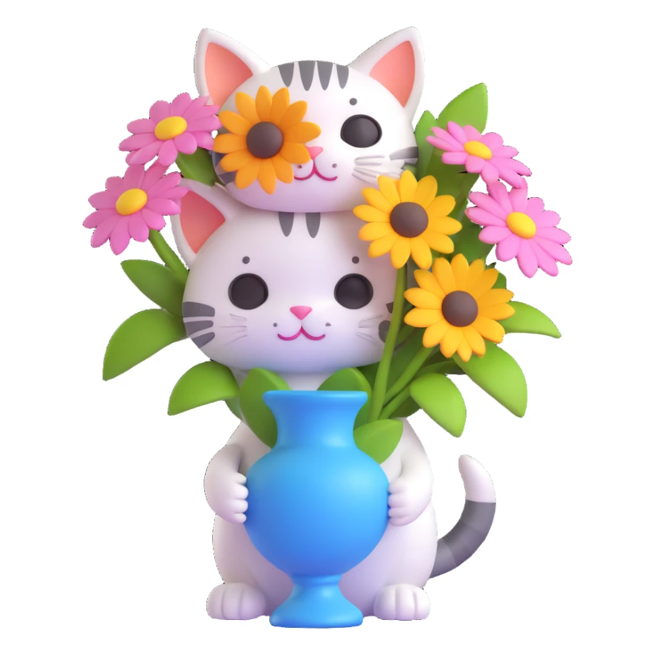 A 3D cute cat holding a vase with flowers, with the text "Have a Beautiful Day" in the style of the reference image. The scene should be warm and inviting, with soft colors and a friendly atmosphere. sticker