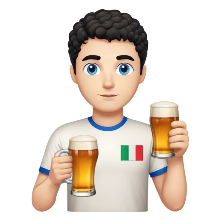 white guy thick eyebrows blue eyes with short curly black hair holding beer wearing a shirt with the italian flag sticker