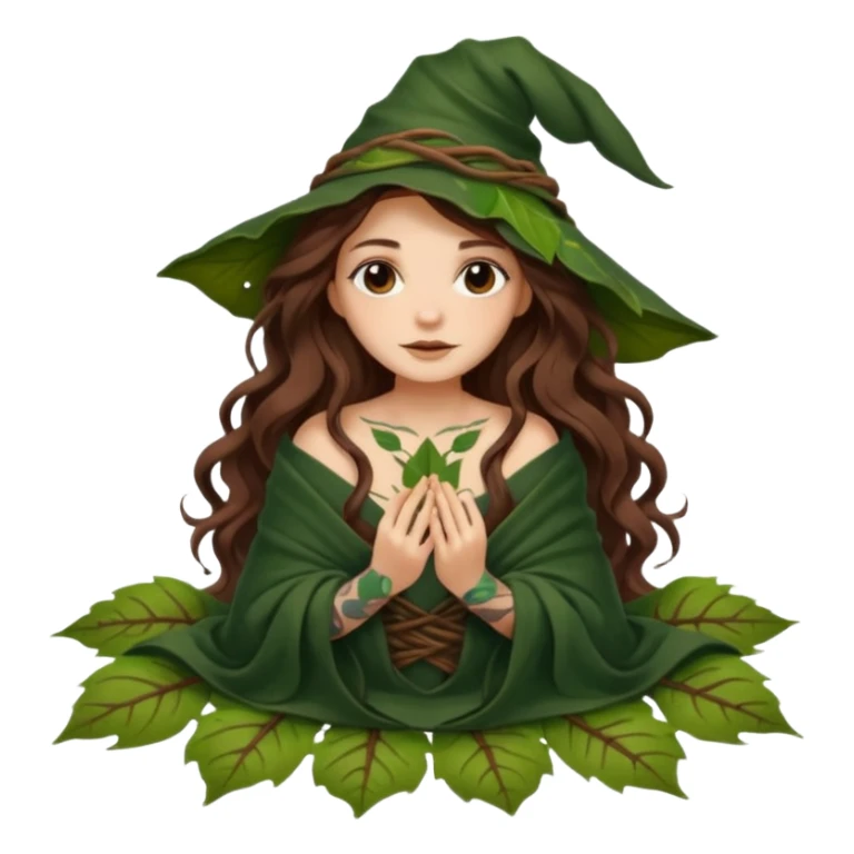cute forest witch woman long wavy brown hair tattoos wrapped in leaf blanket sticker