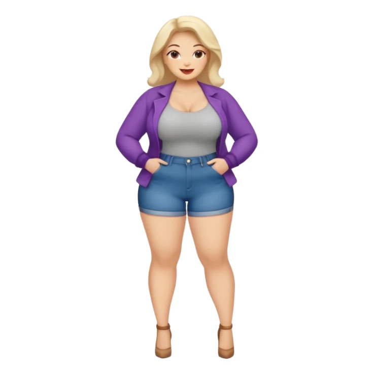 woman with voluptuous body, wearing trendy clothes, cheerful face sticker