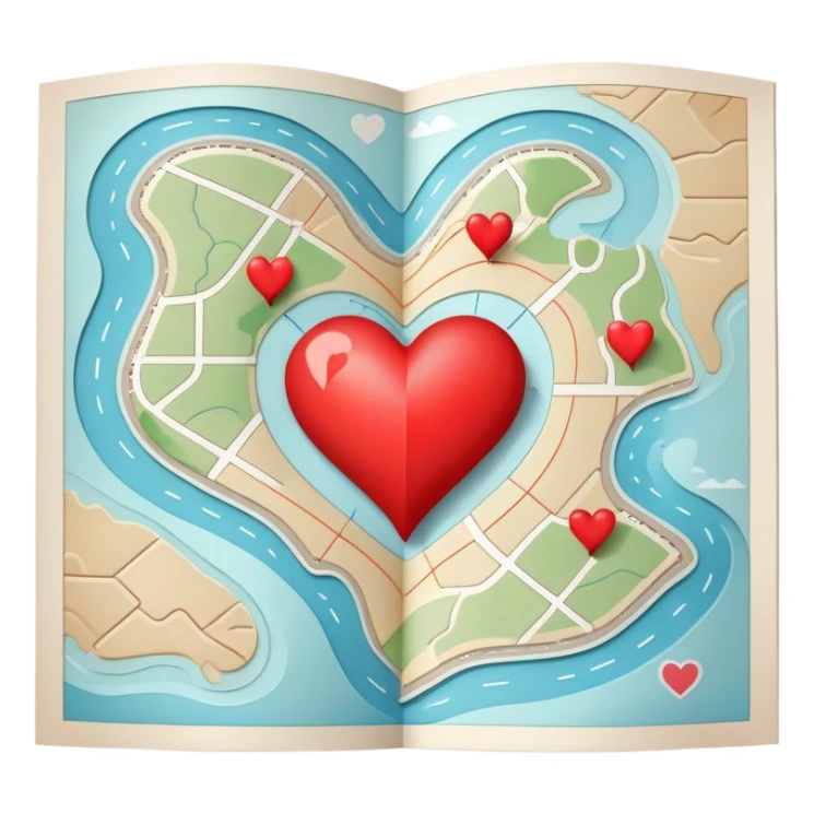 Folded cartographic map with pale ethereal colors, featuring red heart markers and various colored symbols indicating different emotional experiences, topographic lines sticker