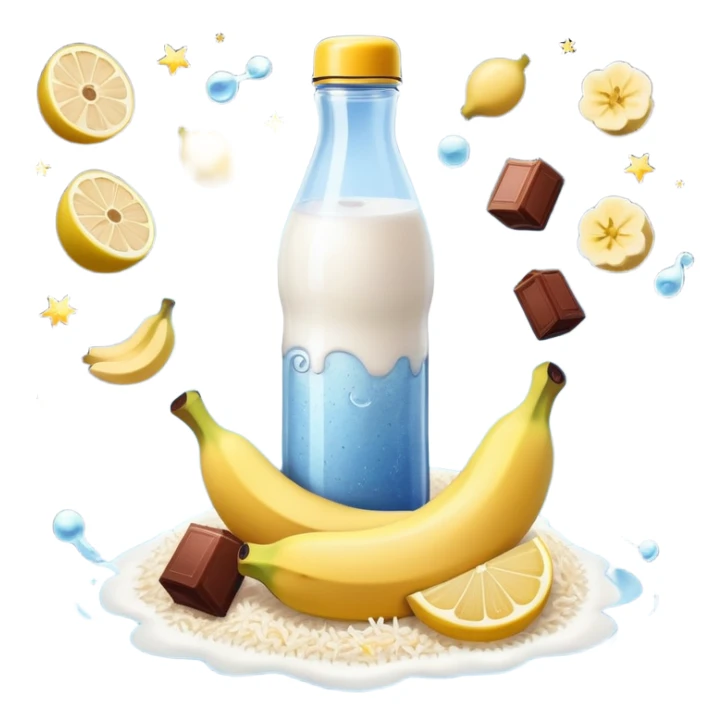 Ethereal daily routine galaxy: water bottle with lemon, sun, rice and chicken, banana and protein shake, dumbbell, yogurt cup, fruit and chocolate, and moon all floating as separate celestial bodies connected by magical stardust trails forming a system sticker