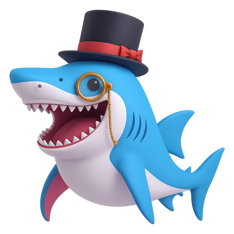 Add a monocle to the dapper shark in a top hat, looking sophisticated, no background. sticker