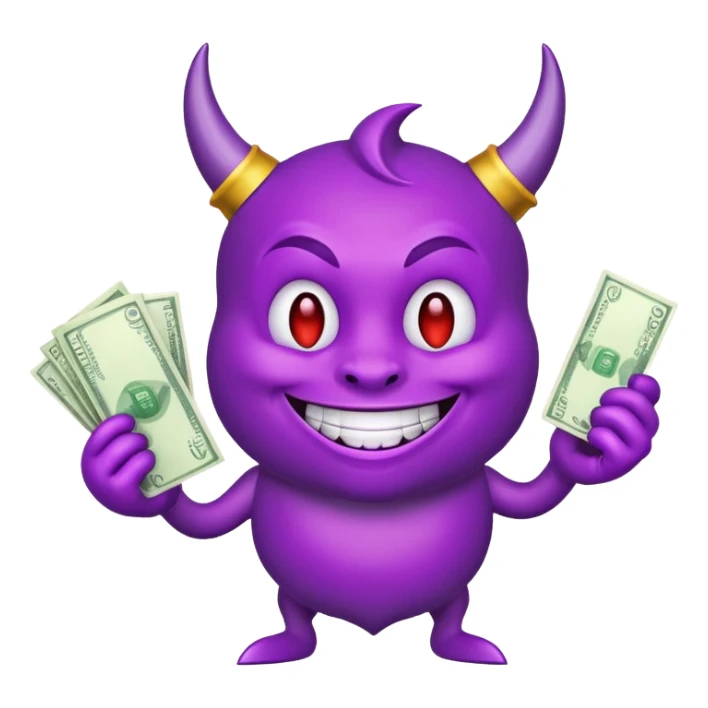 purple devil emoji with money. fun and light hearted, dont make the devil look evil sticker