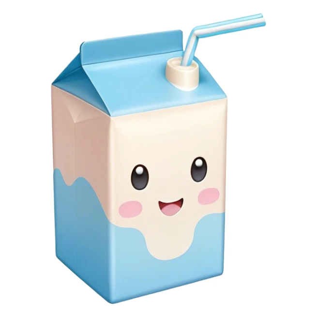 Cute Kawaii Milk Carton, small and boxy, bright pastel blue and white, blushing cheeks, a tiny straw poking out, soft glowing highlights, adorable farm-fresh cuteness! sticker