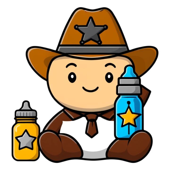 sheriff badge with star and baby feeding bottle in center sticker