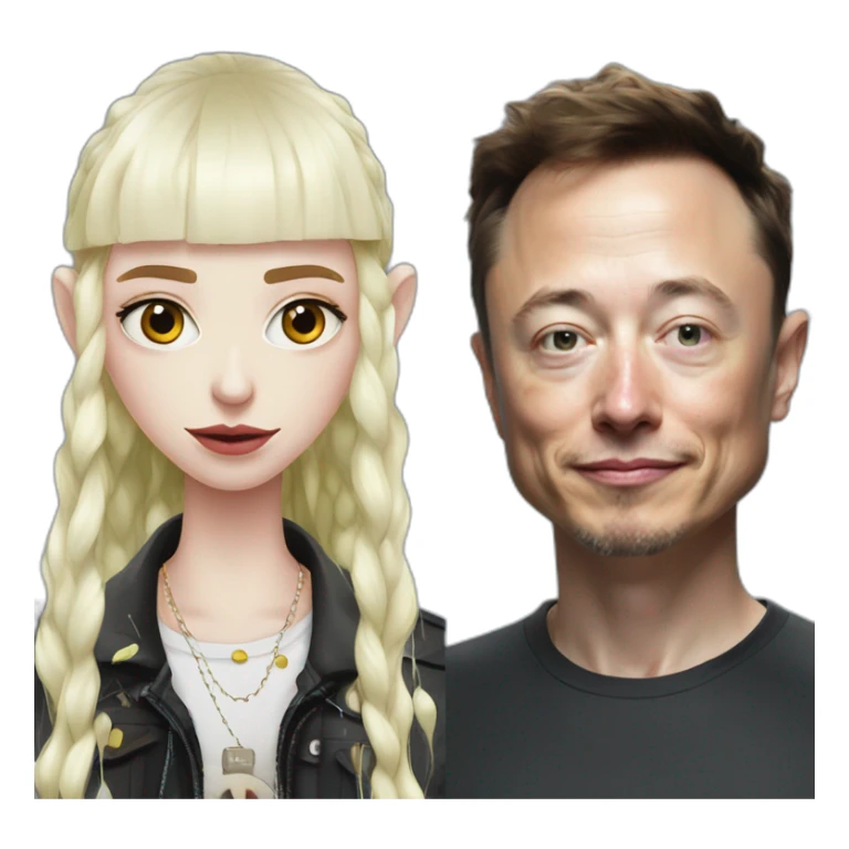 Grimes with drops of white goop on face, elon musk smirking, duo sticker