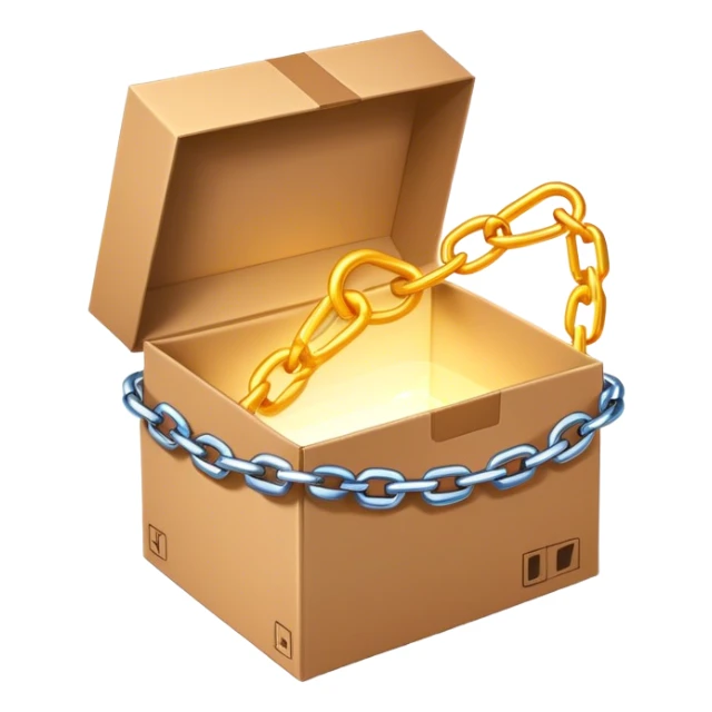 open cardboard box with chain links draped outside of. the chain links should be glowing like they are magical chain links, and the box itself should have a mysterious subtle glow to it sticker