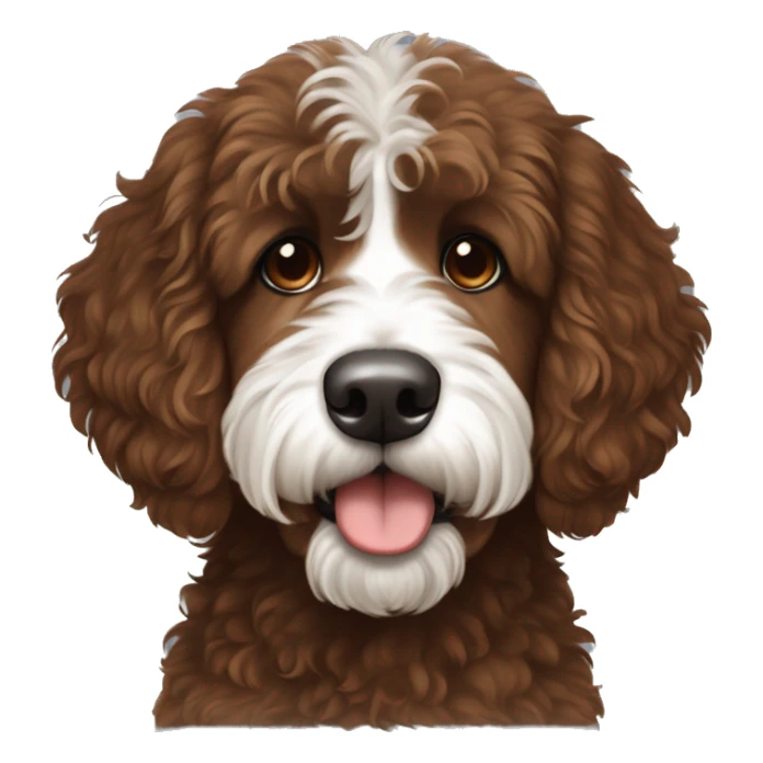 Bernedoodle with fringe over eyes, dark redish brown coat with white on the center o themuzzle sticker