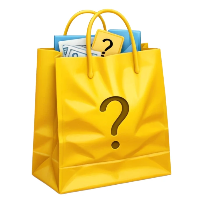 yellow goodiebag with questions mark boxes stuffed in it sticker