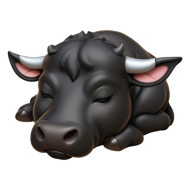 Meme-Worthy Cute Sleeping Black Bull Portrait Emoji, Head resting peacefully with a contented smile, showcasing a robust, massive build and a luxuriously soft pure black hide, eyes shut in a serene, restful nap, Simplified yet hilariously adorable features, highly detailed, glowing with a soft, drowsy light, high shine, relaxed and utterly lovable, stylized with an air of playful laziness, bright and heartwarming, soft glowing outline, capturing the essence of a comically sleepy guardian, so meme-worthy it feels like it could instantly become the next viral sensation of adorable slumber! sticker