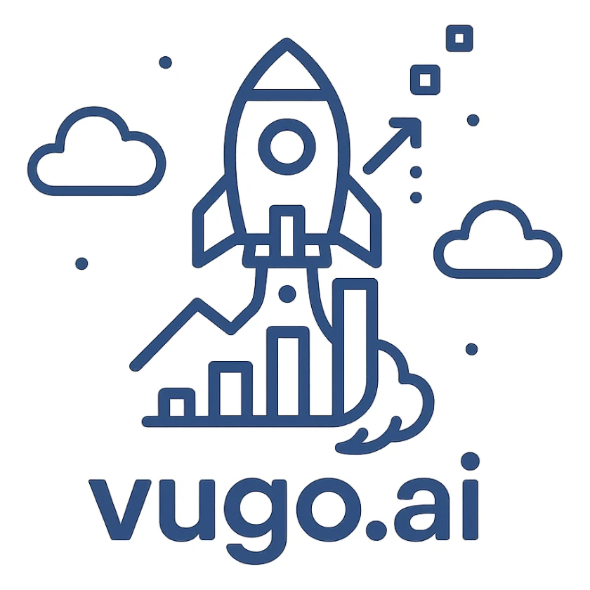 logo for vugo.ai, abstract symbol, digital, innovative, blue and white, startup feel sticker