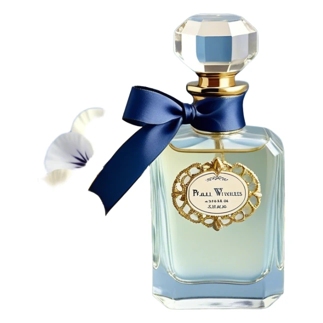 gainst a powdery blue silk backdrop, a vintage crystal perfume bottle with delicate gold filigree detailing catches the soft glow of the morning light. A silken ivory ribbon, loosely tied around its slender neck, cascades onto the fabric, creating soft folds. Scattered around the bottle, pale blue and creamy white pansies rest gently, their petals carrying hints of pearl-like shimmer. A few stray petals, kissed by the golden light, add a touch of delicate imperfection, evoking a sense of quiet romance. sticker