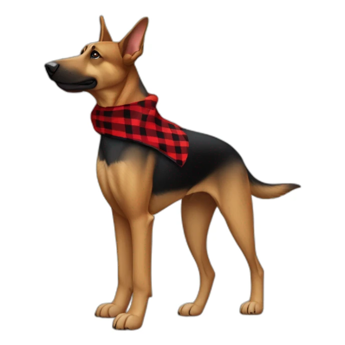 75% Coonhound 25% German Shepherd mix dog wearing small pointed red buffalo plaid bandana pointing down side view full body facing left sticker