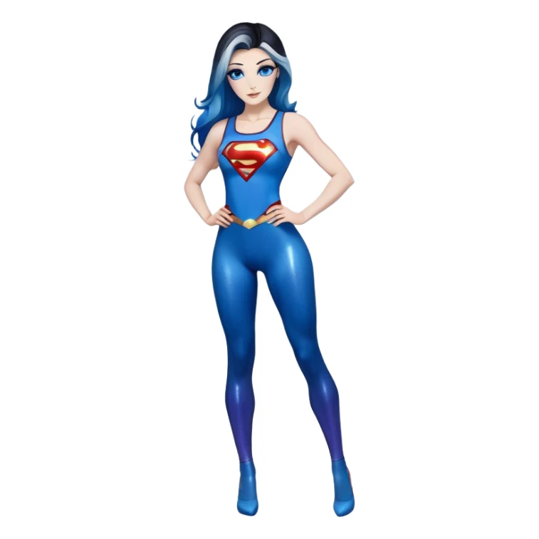 White woman-long legs-very very very larger upper body-sexy face-bending forward-very long very straight dark blue to light blue ombre hair-and-blue eyes-thick black eyeliner-thick long eyelashes-iridescent blue lowcut tanktop with black leggings with glitter superman logo sticker
