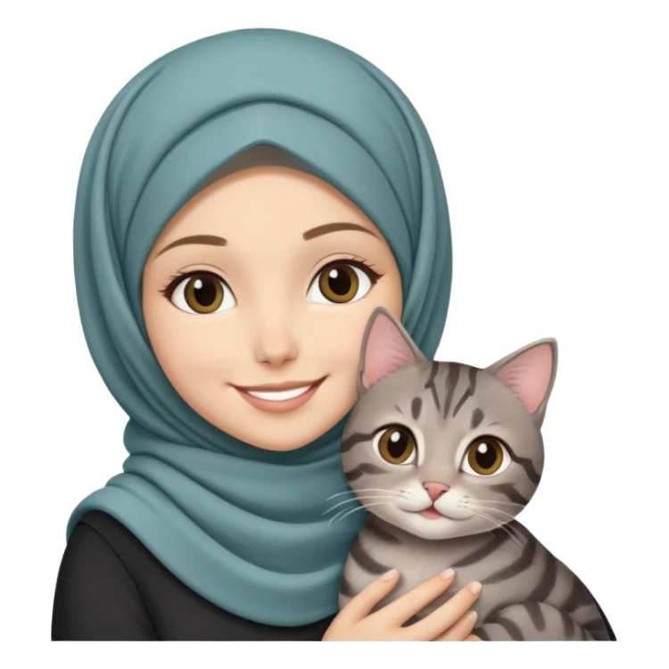 White girl wearing hijab smiling while holding a black grey tabby cat sticker