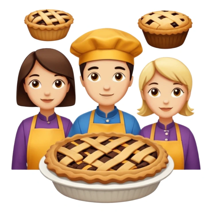 Baking community humanless avatar in vibrant style illustration. Pie, cookie, and muffin warm golden tones, simple shapes, flat design, high contrast. sticker