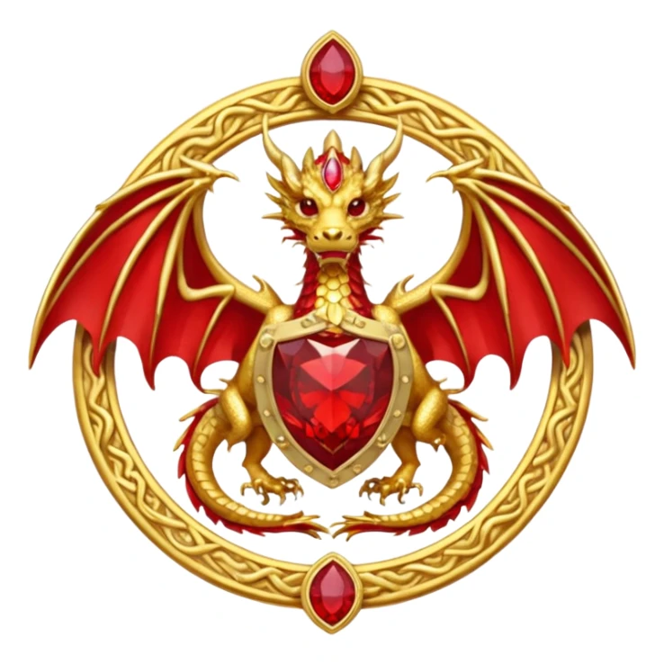 Golden Dragon with wings crest/brosch in a circle with red gems sticker