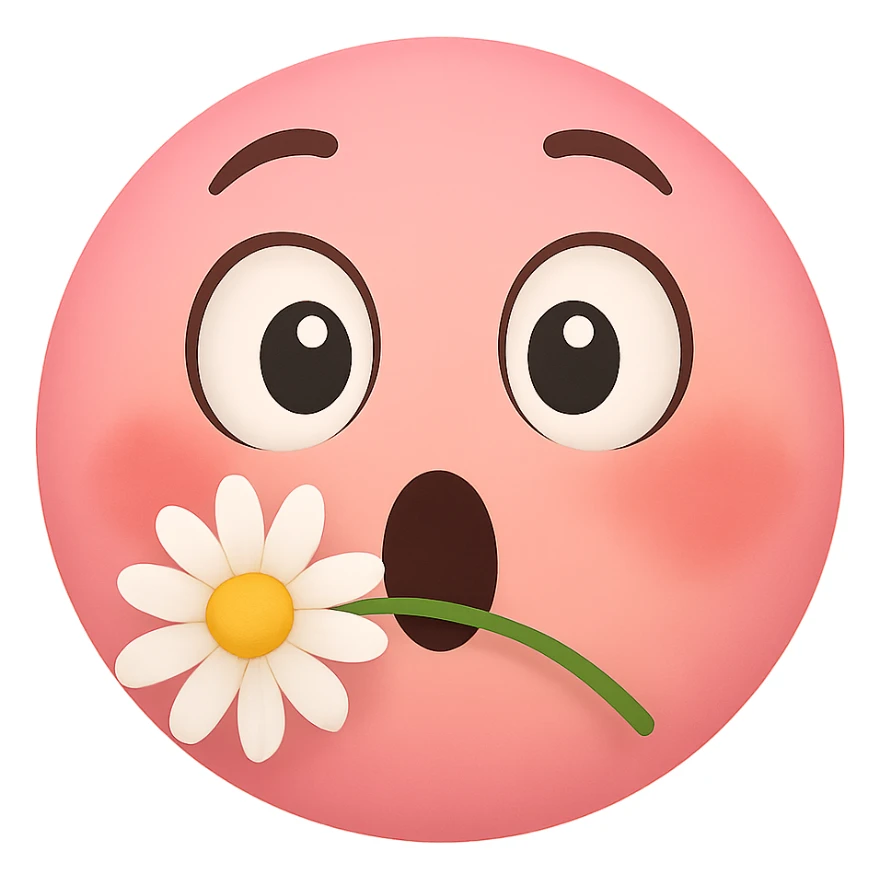 pink emoji face with a daisy in its mouth, wide eyes, blushing cheeks, surprised but happy look sticker