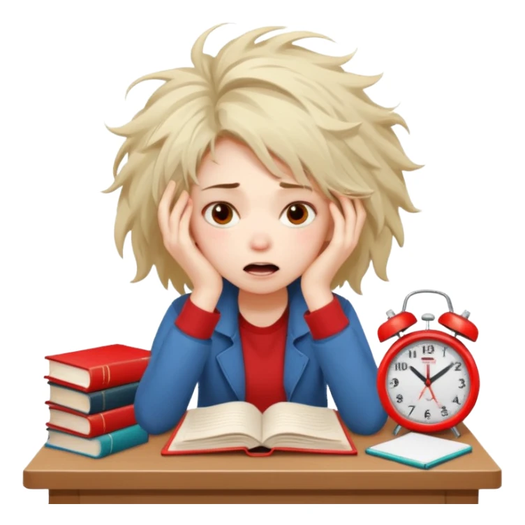A student girl is sitting in a panic and chaos. On the table, there are a bunch of books, notebooks, and a phone with a red alarm clock on the screen. sticker