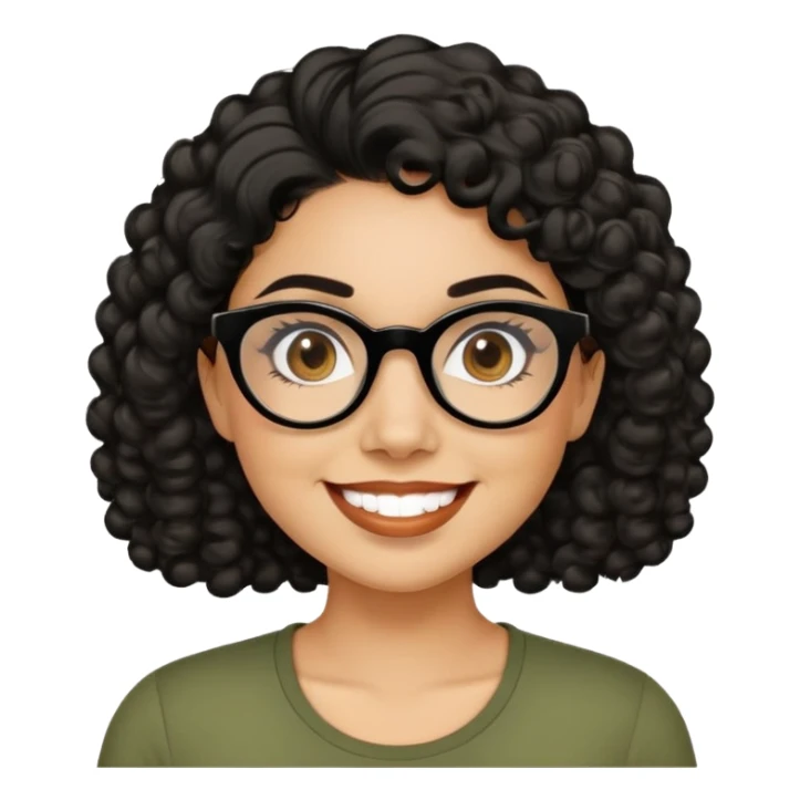 Hispanic woman with light tan skin. Round face with dimples. Dark eyes with black glasses. Thick eyebrows. Short curly black hair. Big smile. Wearing olive green top. sticker