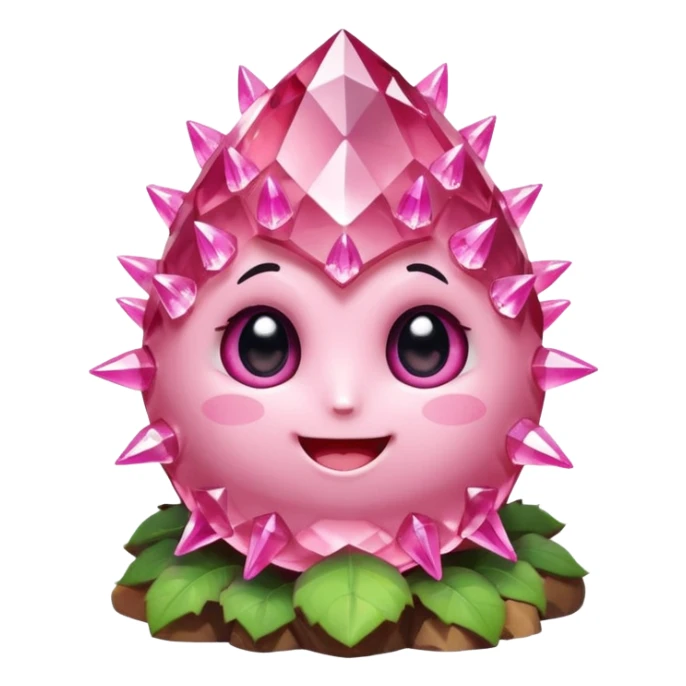 A single cute pink crystal cluster character, chunky round base with many tall rose-pink crystal spikes growing upward like a quartz cluster, faceted and slightly imperfect, on the front of the base a kawaii face with big shiny eyes and a happy open smile sticker