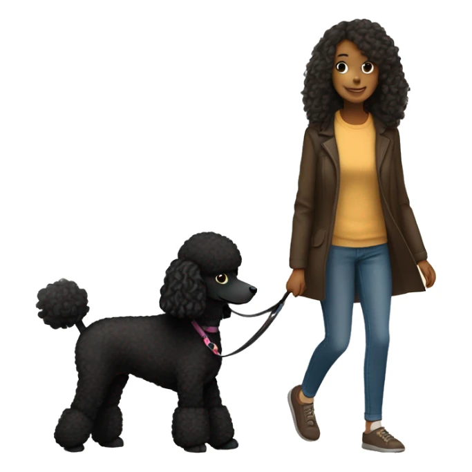 3 legs One Small unshaved Black Poodle with brown harness is walking with a black long hair pretty girl sticker