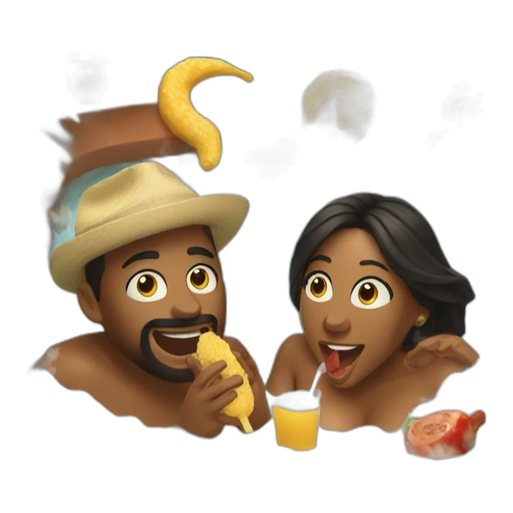 Two people singing into mics in a hot tub while eating a Cajun dinner sticker