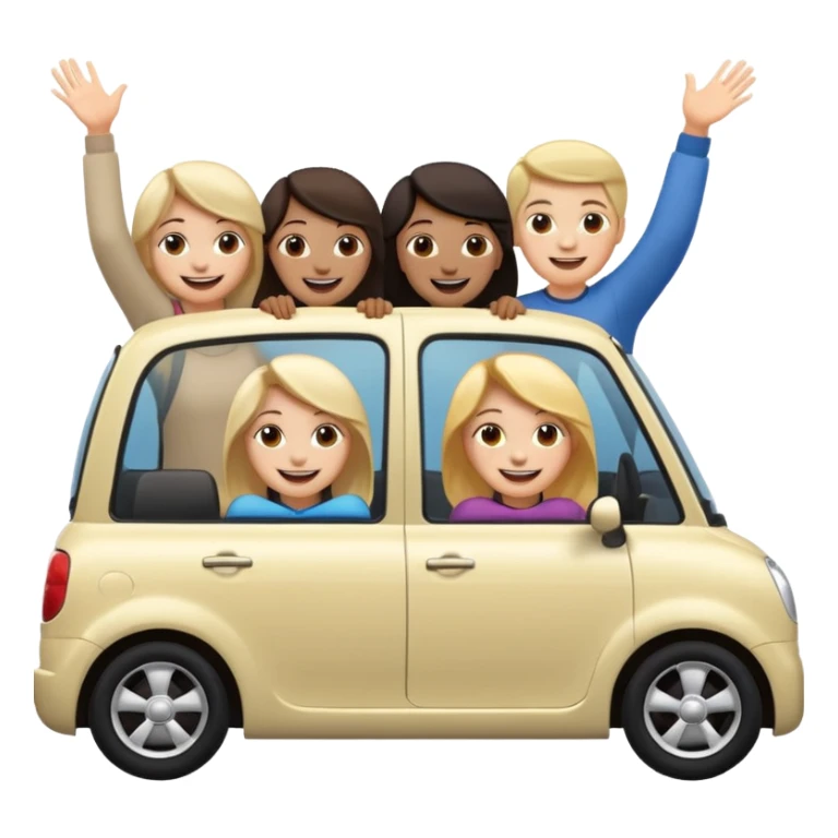 a basic small car with a simple body and low color saturation, five people (mixed genders) sitting inside, all leaning out of the car's side windows, five clear smiling faces, overall in apple standard emoji style, happy and cute expressions on the people sticker