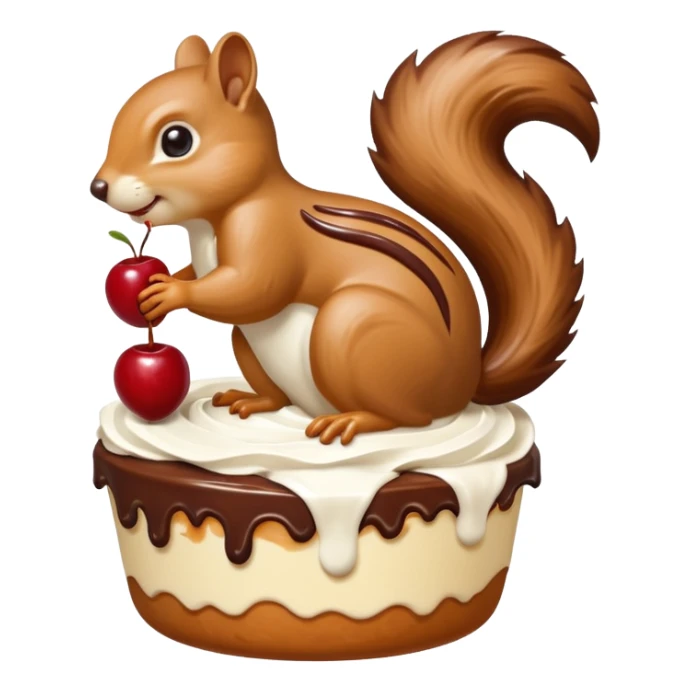 A large caramel custard decorated with chocolate and almonds to resemble a squirrel. Whipped cream with streaks of chocolate forms the shape of the squirrel's tail. It is topped with a cherry. sticker