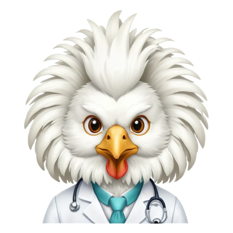 A White Silkie Bantam rooster dressed like a doctor.  The head feathers look like a large, fluffy wig.  sticker