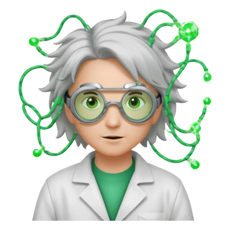 Appearance: Wild silver hair crackling with static electricity, goggles with flickering green lenses, lab coat with glowing circuit patterns.
Vibe: A time-bending genius obsessed with harnessing electricity and temporal flux. sticker