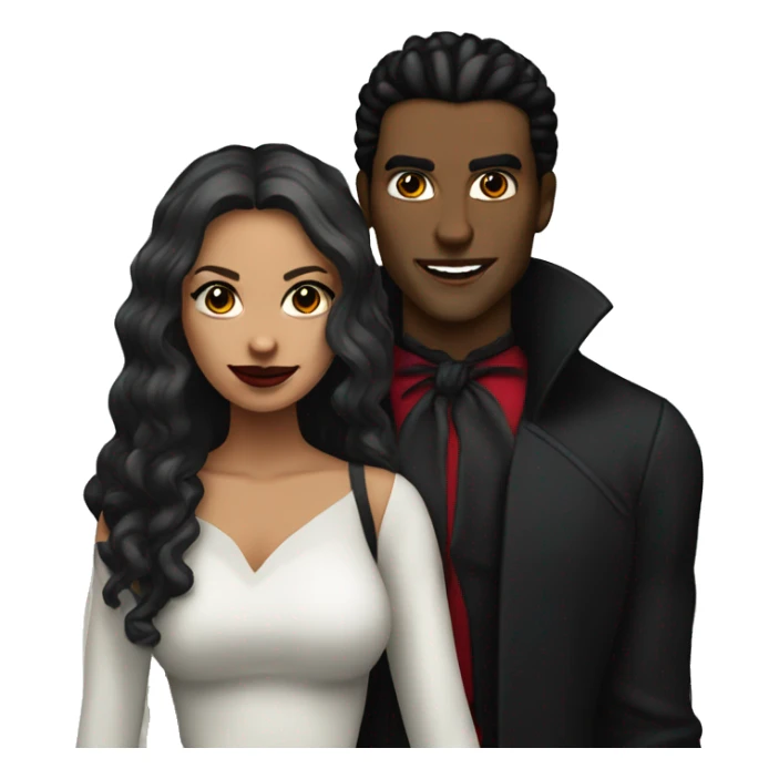 a male vampire next to his lightskin girlfriend in front of a christmas tree sticker