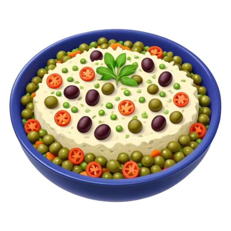 Salată de boeuf: a Romanian festive salad made with finely chopped boiled vegetables, pickles, peas, and beef or chicken, all mixed with mayonnaise and decorated with olives and pickles. sticker