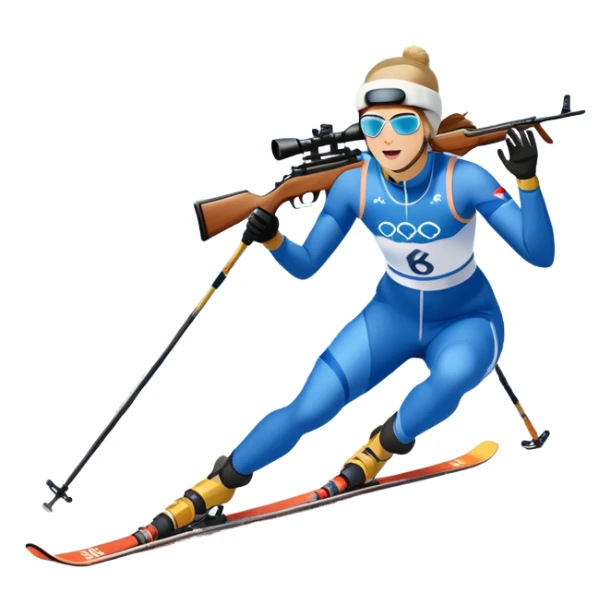 An icon showing a biathlete skiing on a snow-covered Olympic track with a rifle on their back. Cheering fans fill the stands. Majestic mountains, snowy trees, and a bright blue sky complete the scenic winter landscape. Transparent background captures the spirit of biathlon. sticker