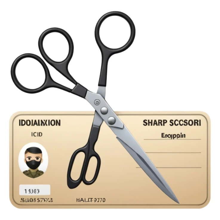 Floating black Scissors cutting in half an idf soldier ID card in 2 parts .hyper realistic sticker