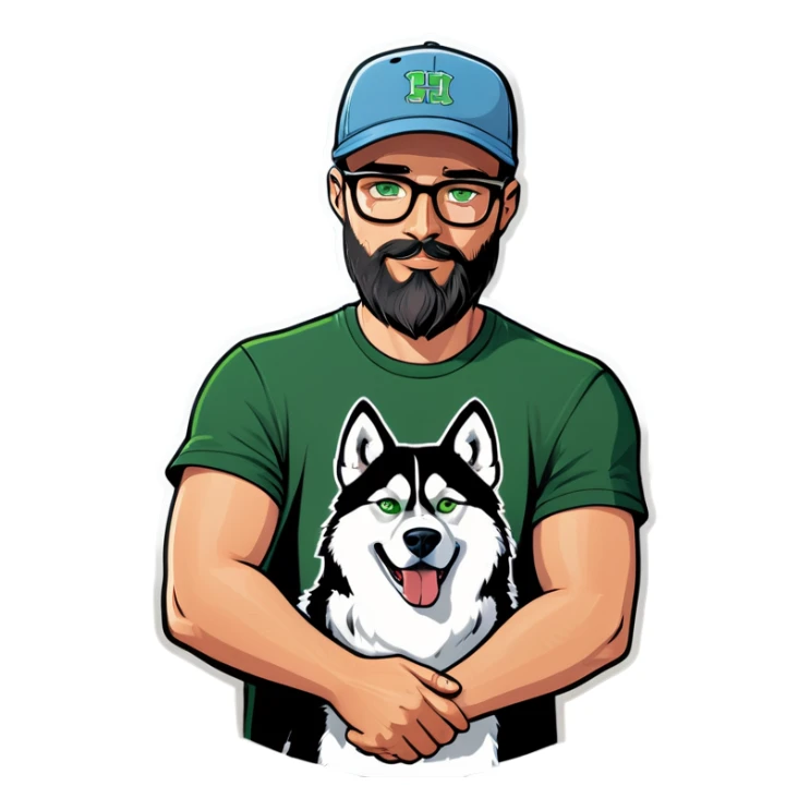 A bold man with a grey baseball cap, green eyes, big beard and glasses holding a husky dog sticker