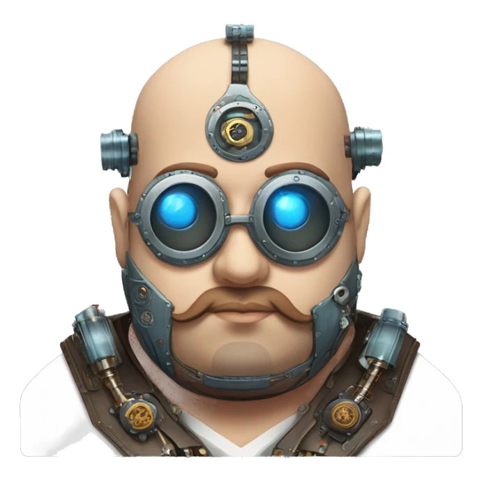 Fat bald cyborg head with blue steampunk goggles, brown beard and circuits sticker