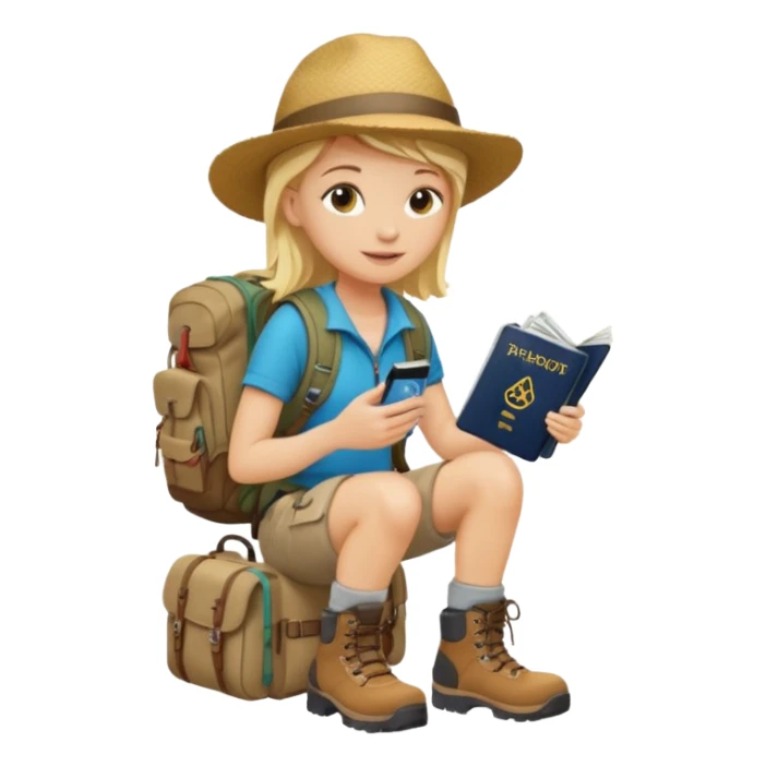 blonder haired Traveler character with passport, backpacker,  sticker