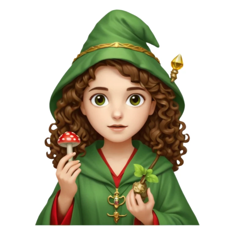 very beautiful italian girl, looking like Emma Watson, with curly and big volume very bright brown hair, and a golden piercing ring in nose on left side, dressed in a beautiful wizard robe of green colors, holding red fly mushroom sticker