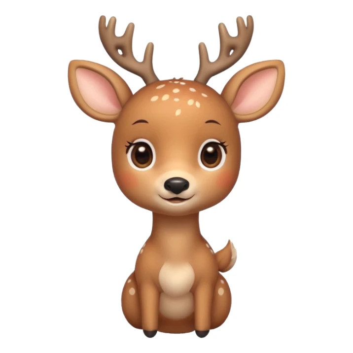 A cute deer emoji, small and simple, with big round eyes, a gentle smile, short antlers, soft beige fur with slightly lighter spots on its back, rounded cartoon-like proportions, minimal shading, vector-style, sticker