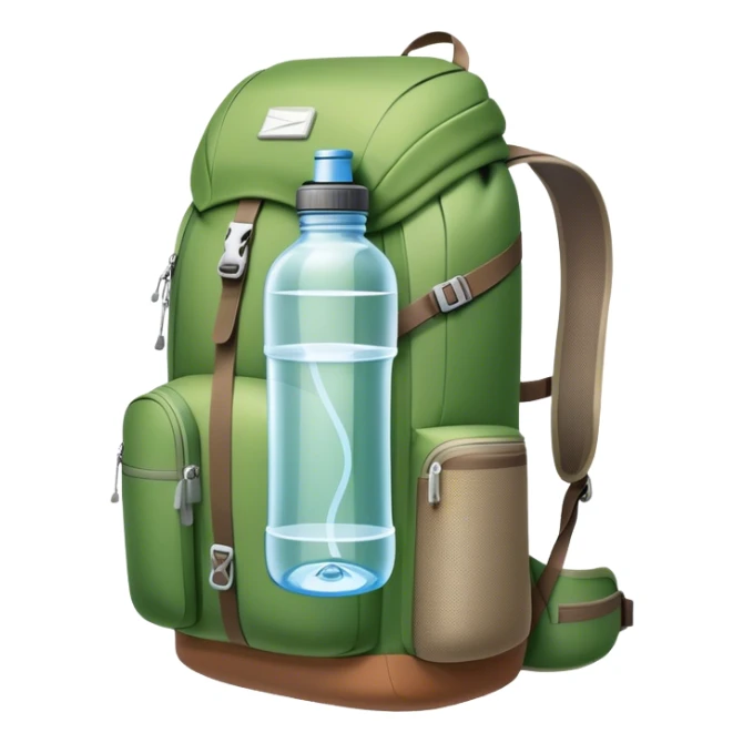 Icon for Ecotourism: a lightweight hiking backpack with a reusable water bottle, placed against a backdrop of lush green nature, with trees and a scenic trail. The icon should represent eco-friendly travel and the beauty of the outdoors. Transparent background. sticker