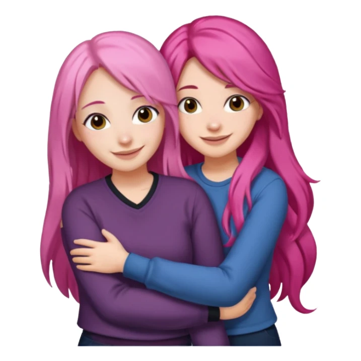 Surprisingly goofy once they open up. Strong, loyal, and incredibly supportive — but still hates wasting time. woman long pink hair hugging another woman with dark hair sticker