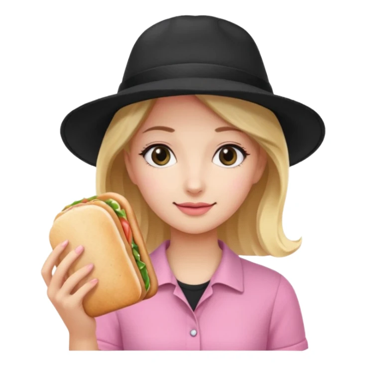 Girl wearing a pink shirt and a black hat holding a panini sticker