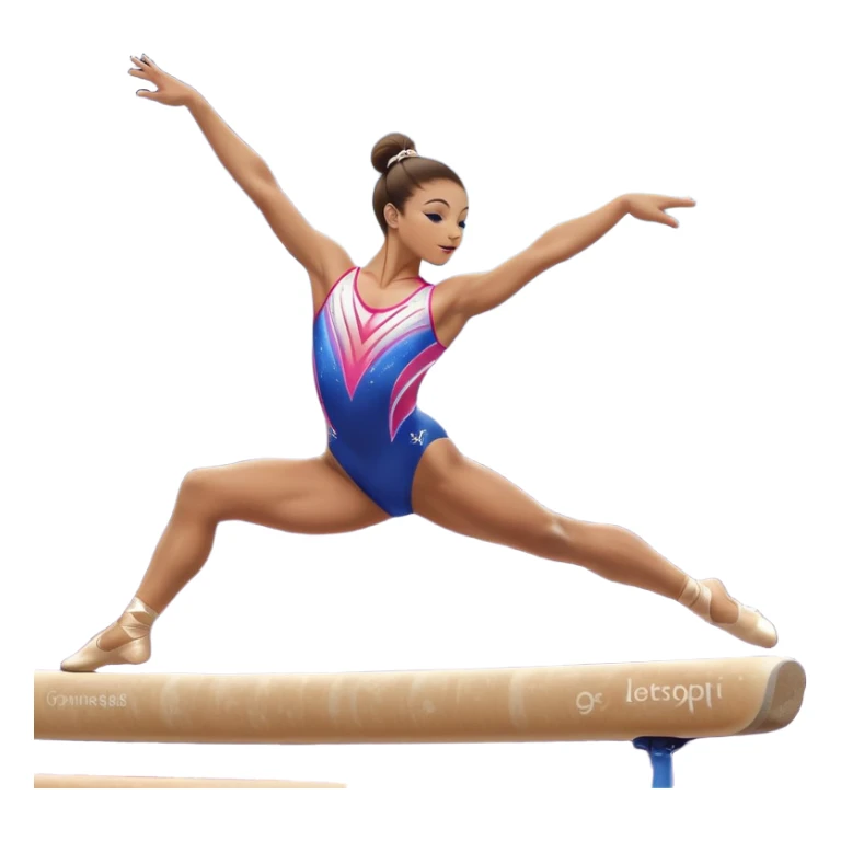 A gymnast performing a flawless routine on the balance beam, showcasing strength and grace. The scene captures the precise, elegant movement with perfect balance and form. The background features a gymnastics arena with vibrant lighting and cheering crowds, emphasizing athleticism and poise. sticker