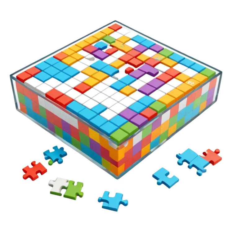 A photorealistic icon with a colorful, fragmented crossword magazine, a 3D puzzle, and a partially completed puzzle on a table. Bright, detailed design with realistic lighting. Transparent background, clearly symbolizing puzzles and brain games. sticker