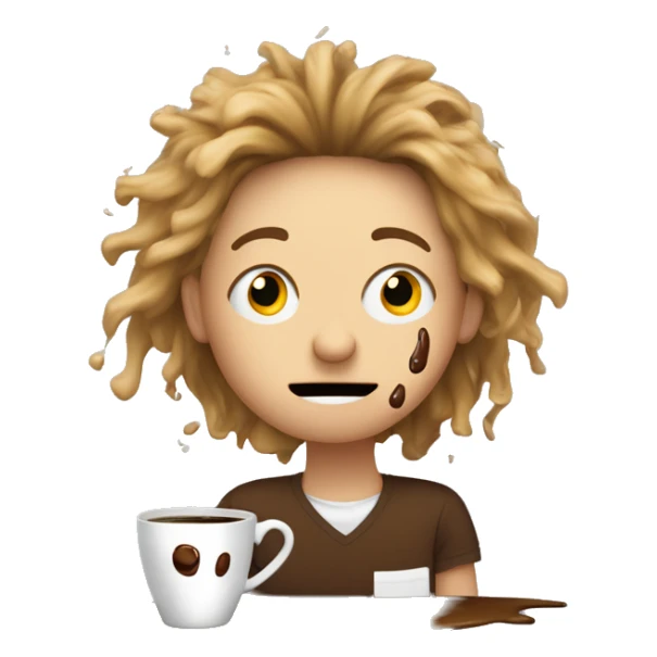 emoji of a person with a wild, frazzled expression, surrounded by a spilled cup of coffee, with coffee splashes all around. Their hair is frizzy, and they’ve got coffee stains on their shirt as they frantically try to clean up the mess. sticker
