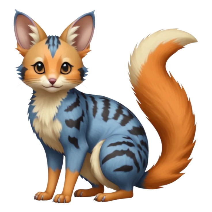 Blue, orange-pointed, soft natural realistic romantic vintage antique divine beautiful elegant pretty precious cute young youthful  Fakémon-Pokémon-opossum-feline-mouse-serval-caracal-chinchilla-Minccino-Cinccino-Meowstic-rodent-hybrid-creature with a big fluffy bushy tail (full body) sticker