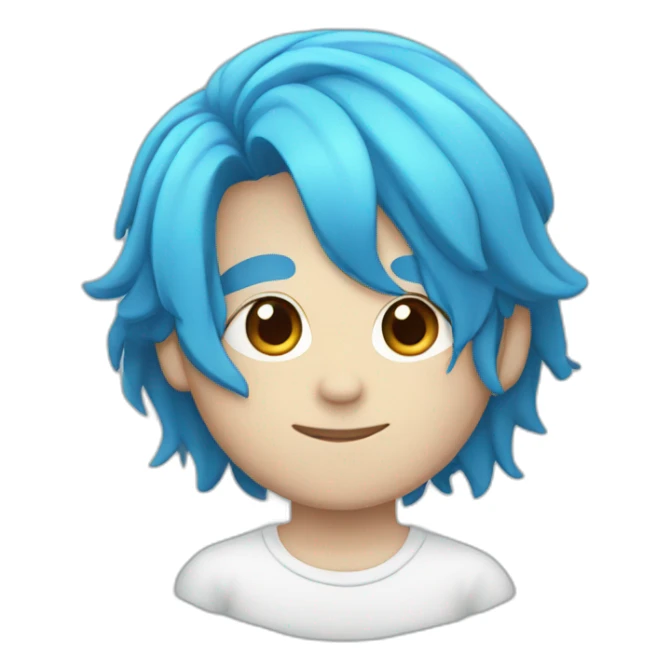 A blue-haired boy with long hair and a white face sticker