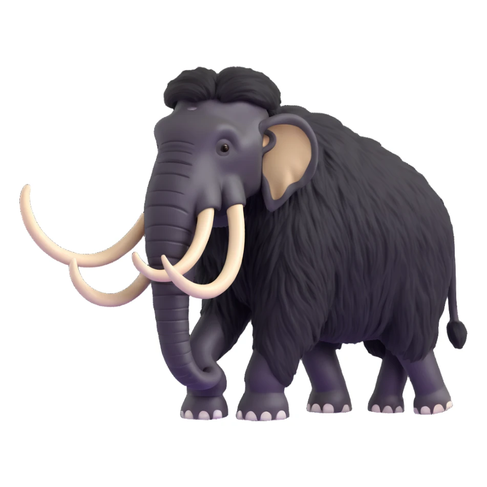profile side view of a wooly mammoth with black fur and white tusks, walking, 3D style, no background sticker